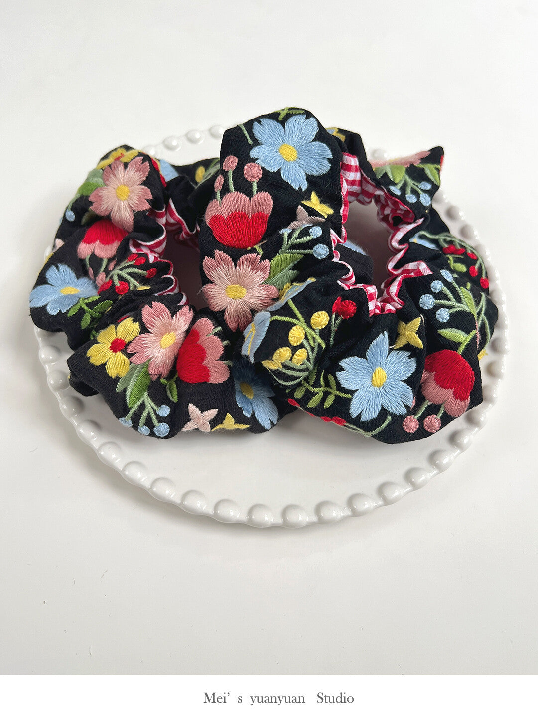 Original Black Flowers Embroidered Hair Scrunchie