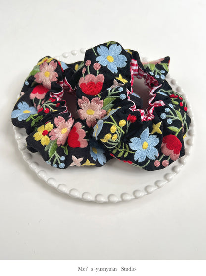 Original Black Flowers Embroidered Hair Scrunchie