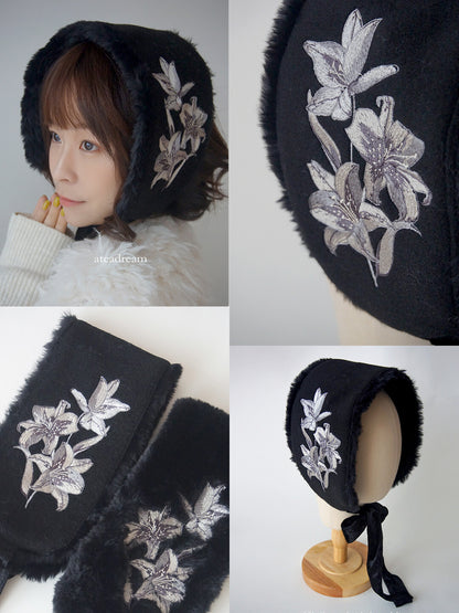 Original Moonlight Lily Embroidered Plush Ear Muff Scarf