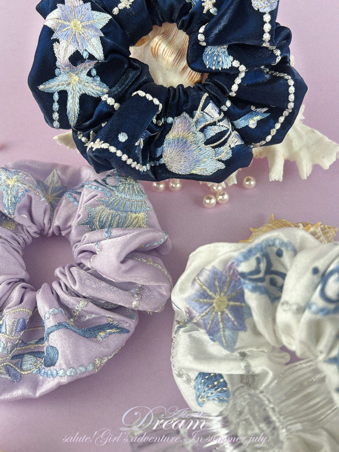 Original Ocean Melody Embroidered Hair Scrunchie