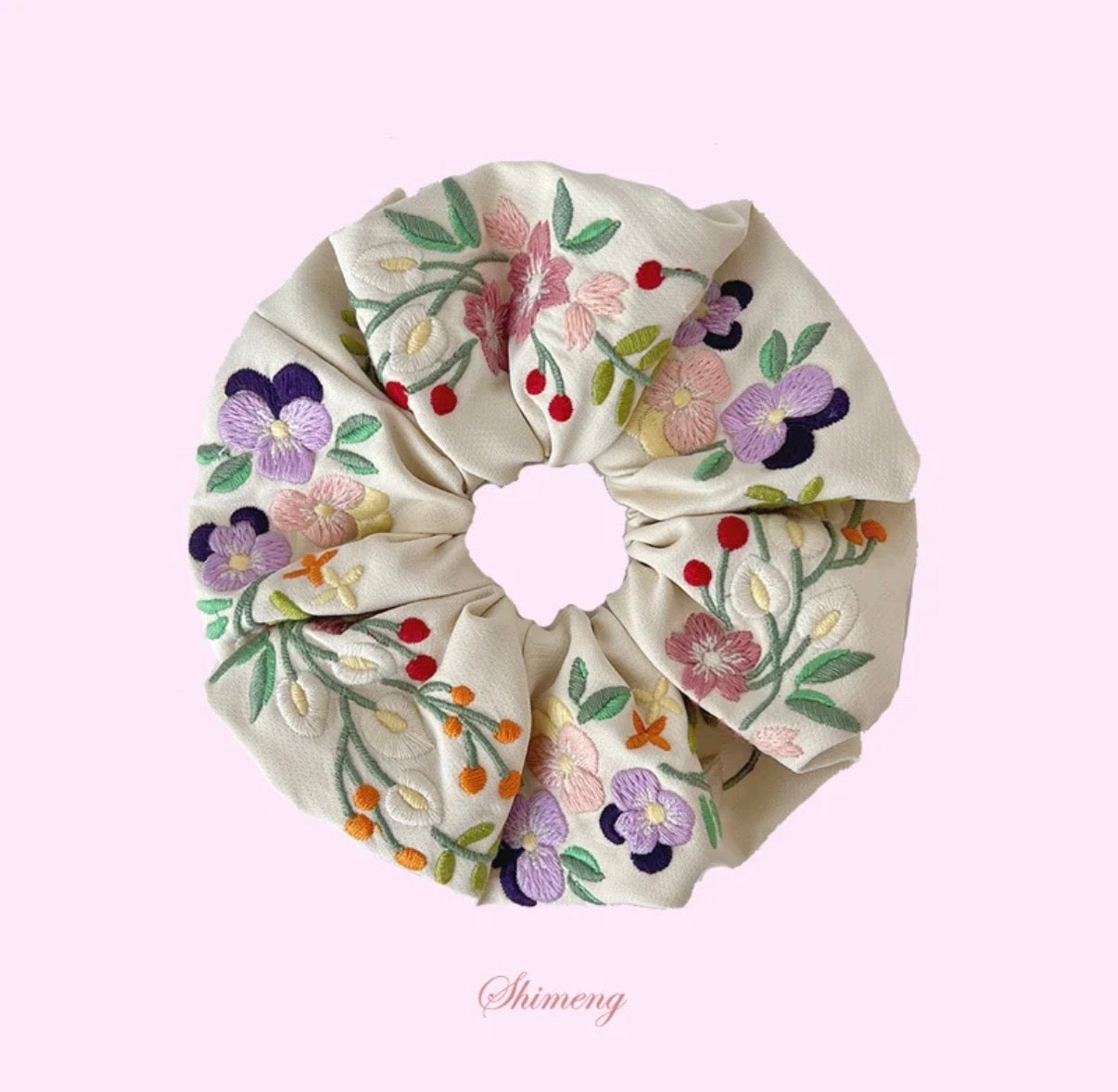 Original Pansy Embroidered Hair Scrunchie