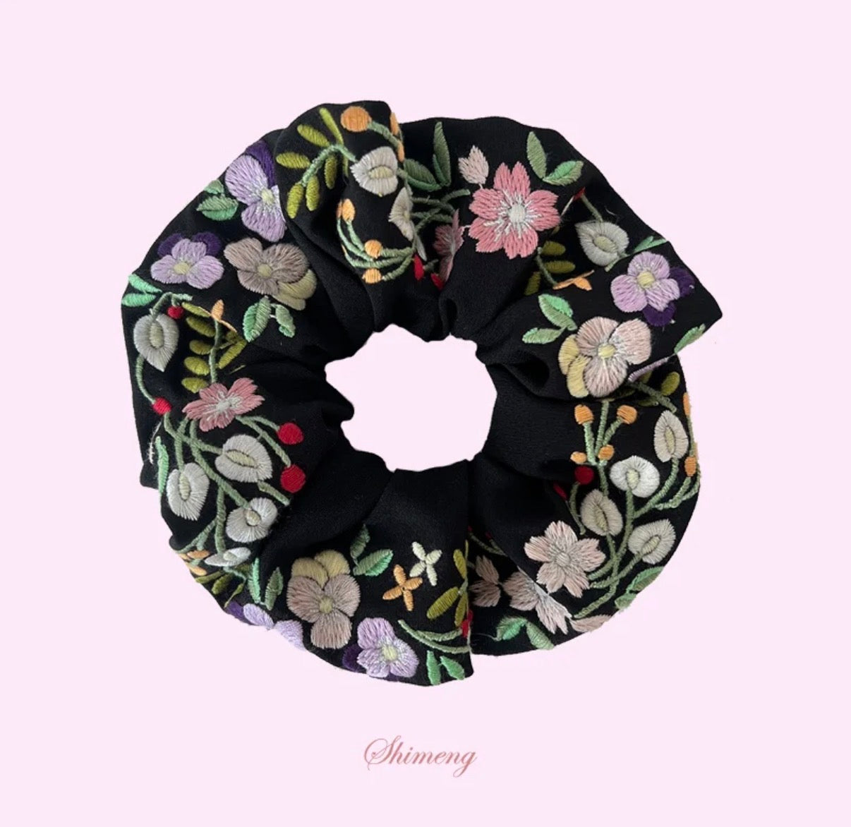 Original Pansy Embroidered Hair Scrunchie