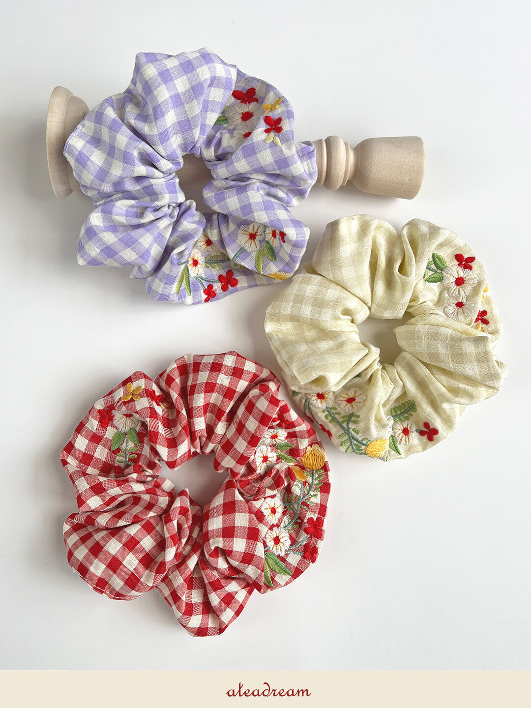 Original Plaid Embroidered Floral Hair Scrunchie