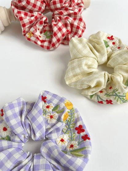 Original Plaid Embroidered Floral Hair Scrunchie