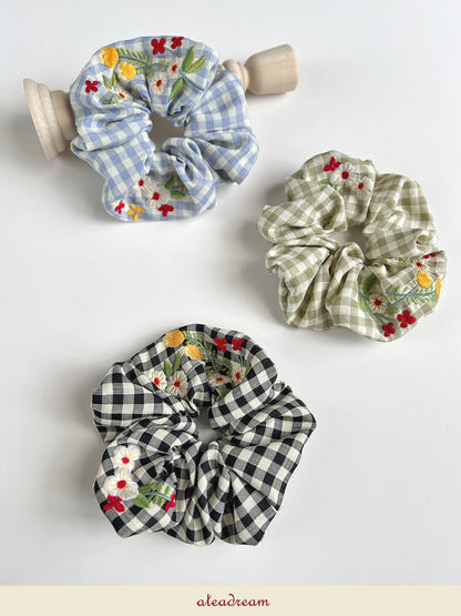 Original Plaid Embroidered Floral Hair Scrunchie