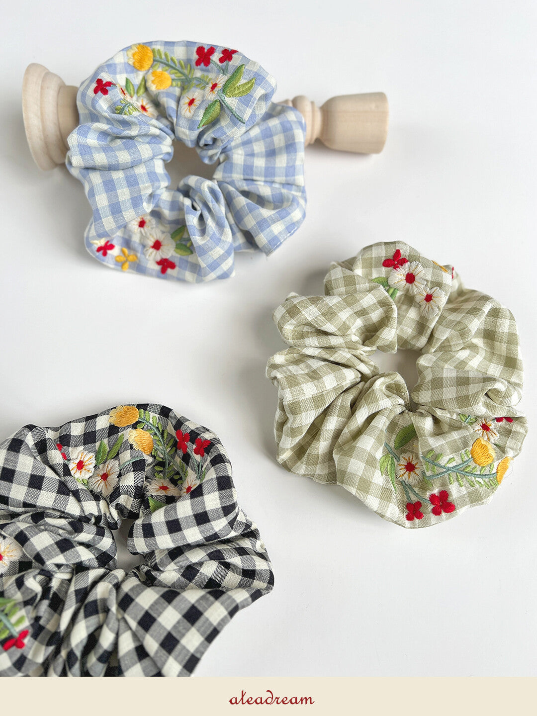 Original Plaid Embroidered Floral Hair Scrunchie