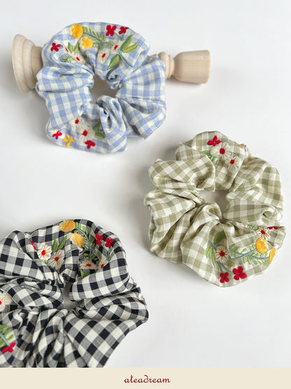 Original Plaid Embroidered Floral Hair Scrunchie