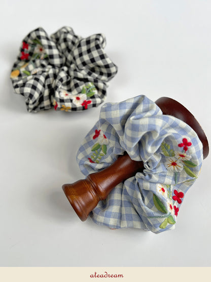 Original Plaid Embroidered Floral Hair Scrunchie
