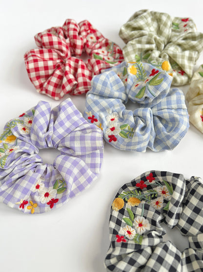 Original Plaid Embroidered Floral Hair Scrunchie