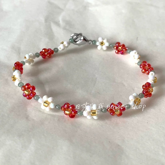 Passion Red Flower Beaded Bracelet