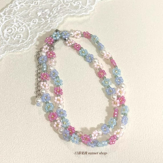 Pastel Pink Blue Beaded Flower Necklace
