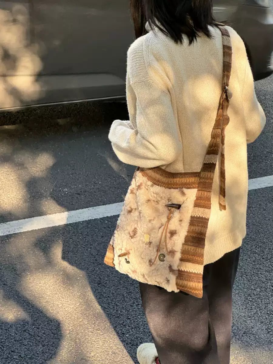 Patchwork Khaki Plush Princess Hobo Bag | Bag | Three Fleas