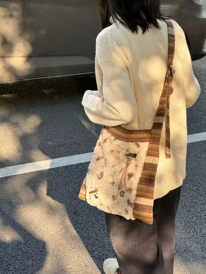 Patchwork Khaki Plush Princess Hobo Bag | Bag | Three Fleas