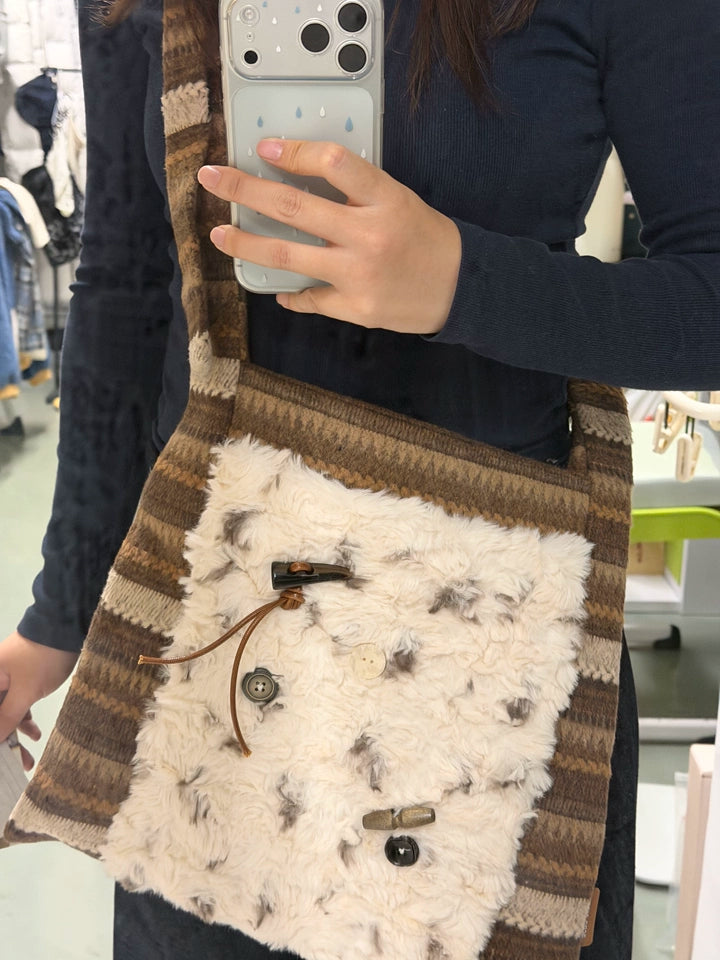 Patchwork Khaki Plush Princess Hobo Bag | Bag | Three Fleas