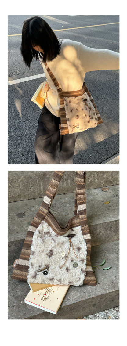 Patchwork Khaki Plush Princess Hobo Bag | Bag | Three Fleas