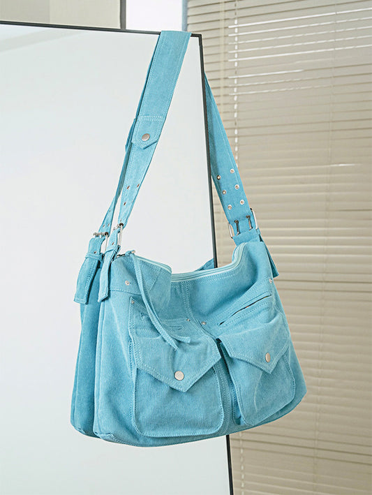 Peacock Blue Corduroy Pocket Shoulder Bag | Bag | Three Fleas