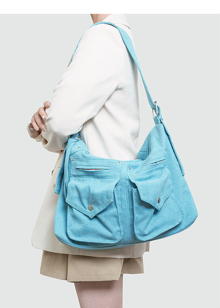 Peacock Blue Corduroy Pocket Shoulder Bag | Bag | Three Fleas