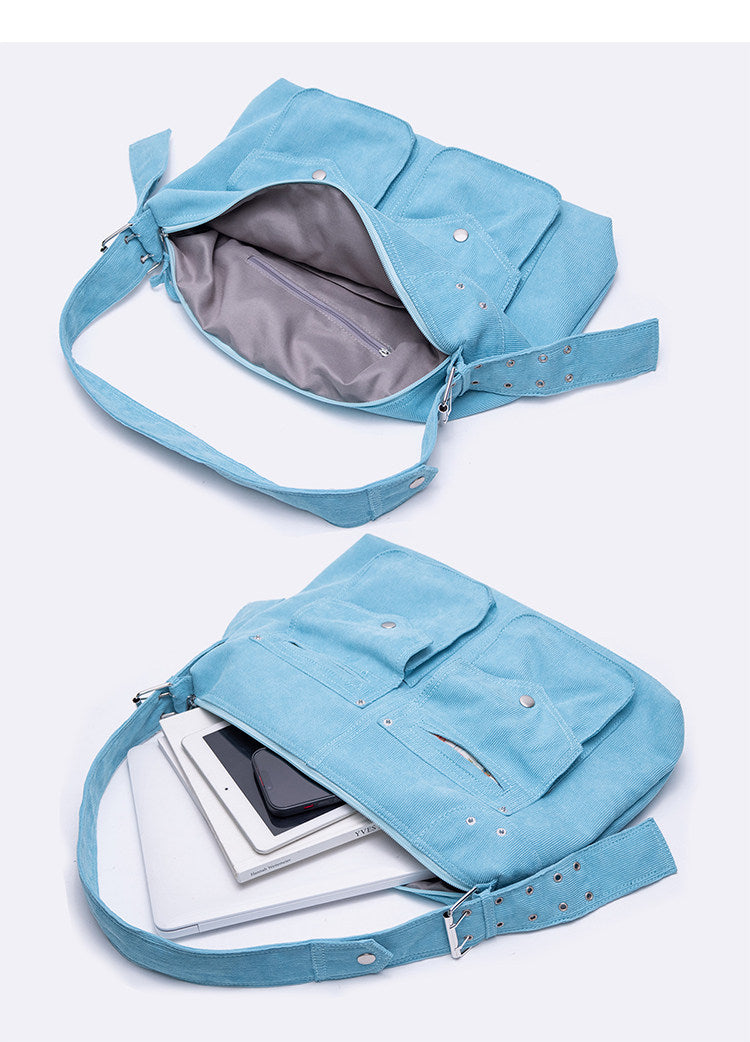 Peacock Blue Corduroy Pocket Shoulder Bag | Bag | Three Fleas