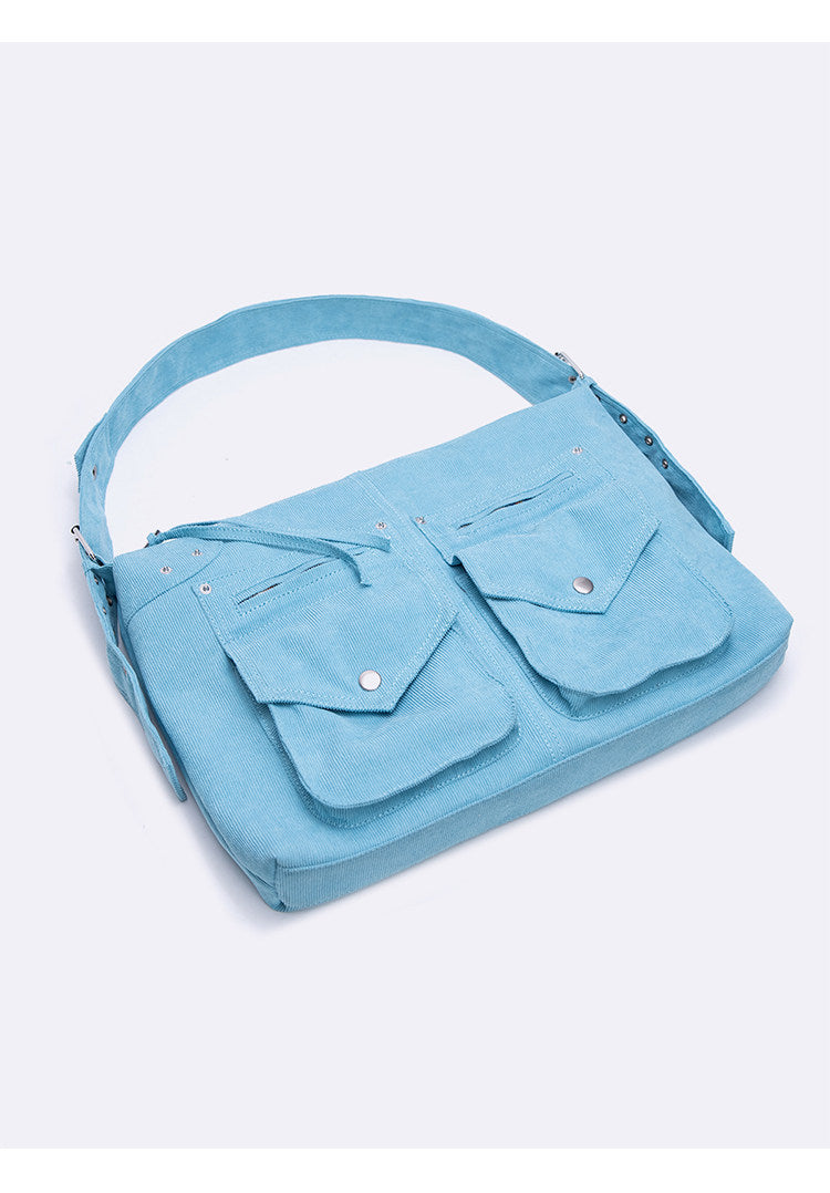 Peacock Blue Corduroy Pocket Shoulder Bag | Bag | Three Fleas