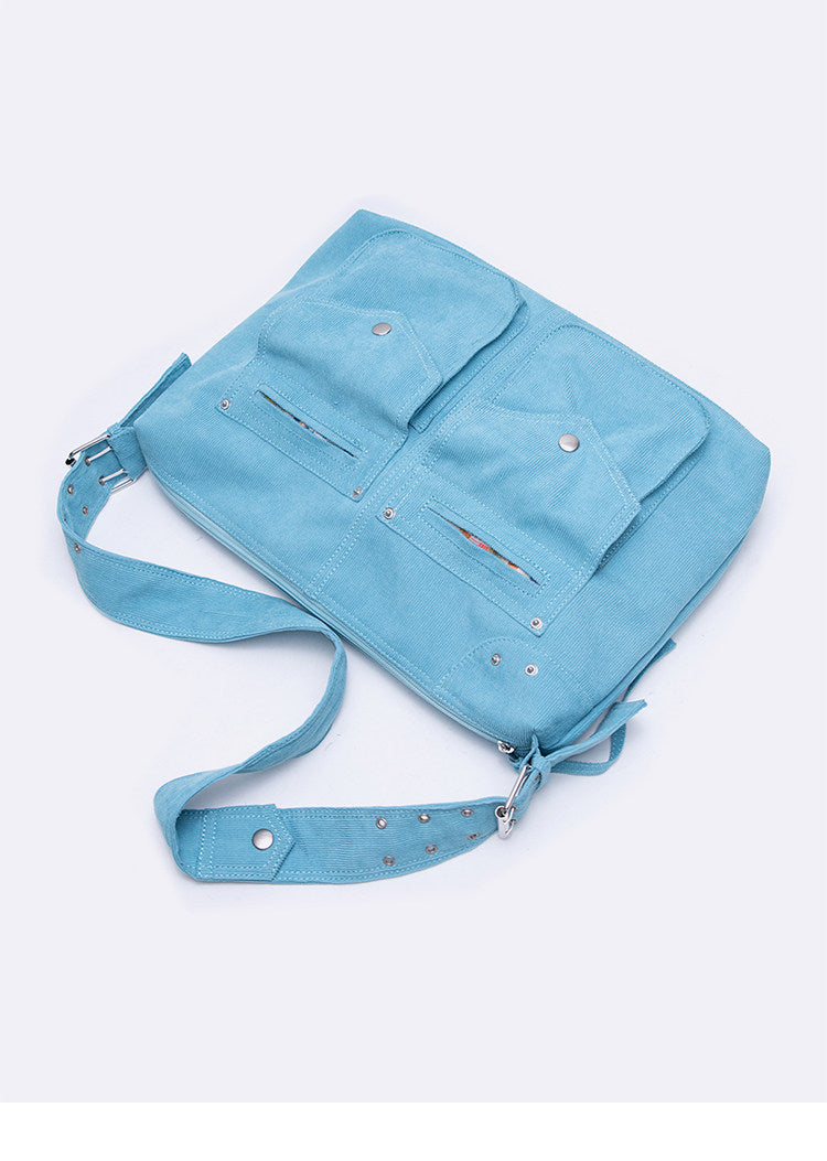 Peacock Blue Corduroy Pocket Shoulder Bag | Bag | Three Fleas
