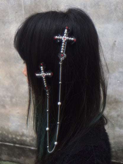 Pearl-Embellished Black Cross Chain Hair Clip | Hair Accessories | Three Fleas