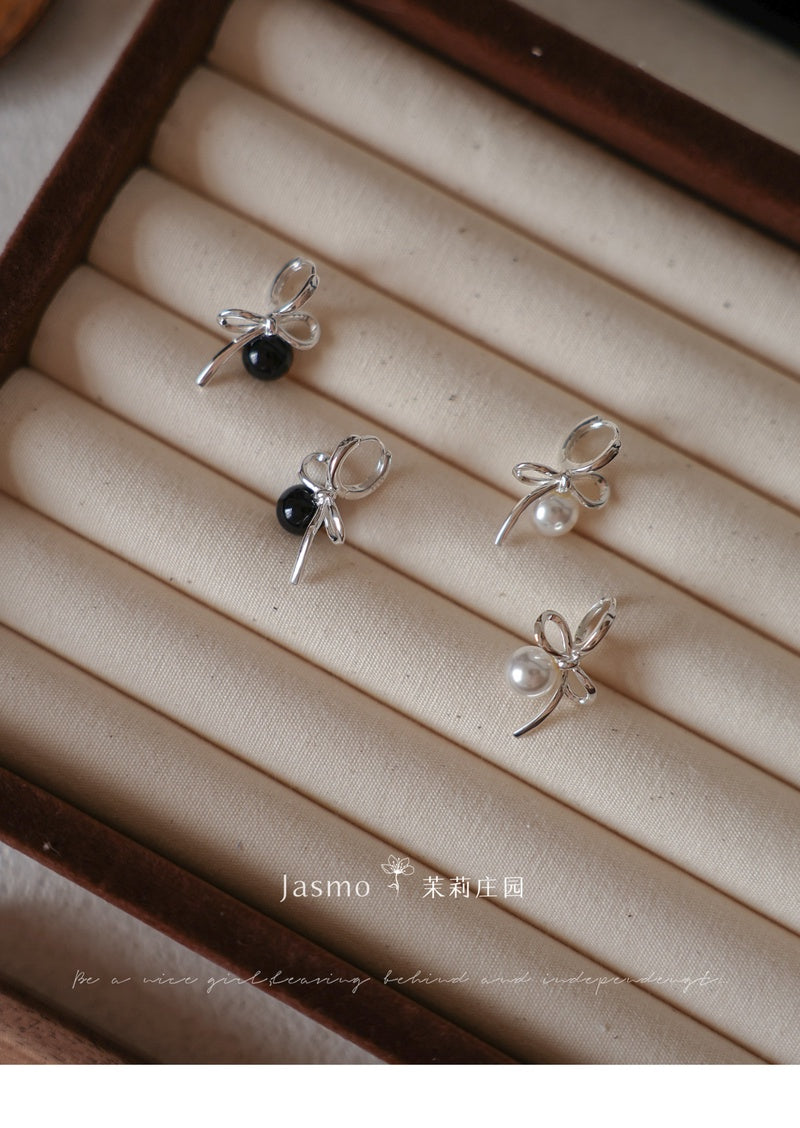 Pearl Black Onyx Bow Earrings