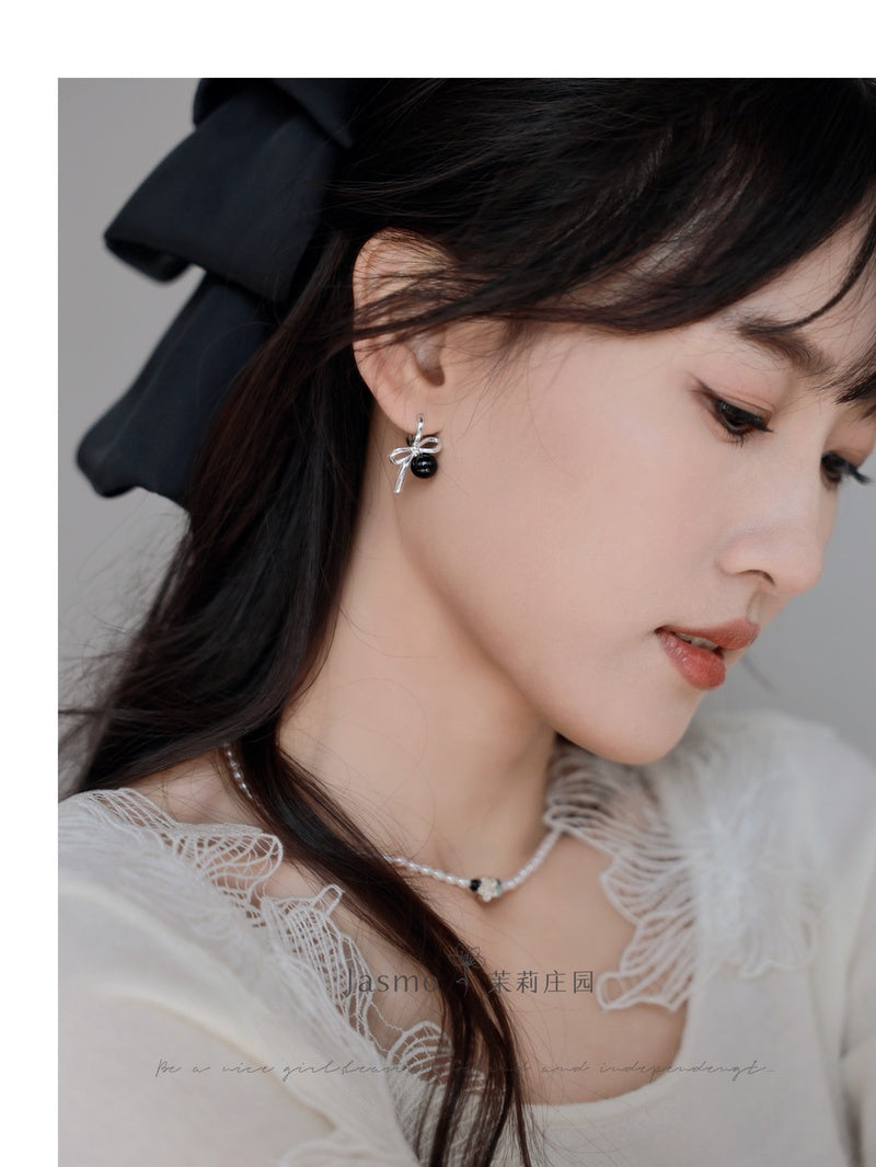 Pearl Black Onyx Bow Earrings