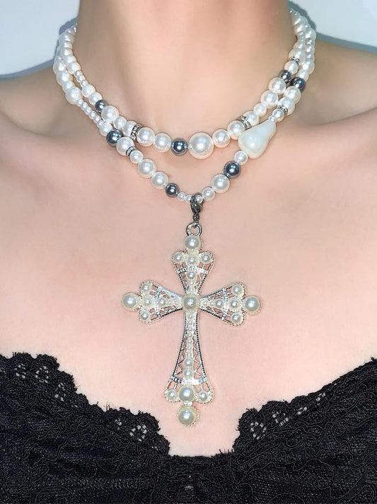 Pearl Cross Pendant Layered Choker Necklace