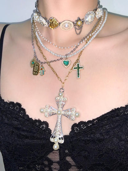 Pearl Cross Pendant Layered Choker Necklace