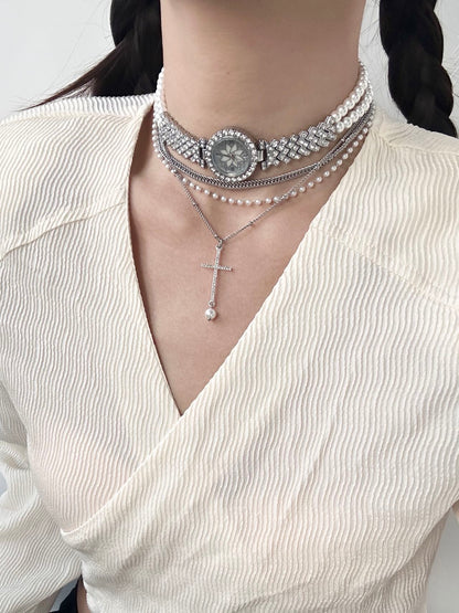 Pearl Rhinestone Watch Layered Choker