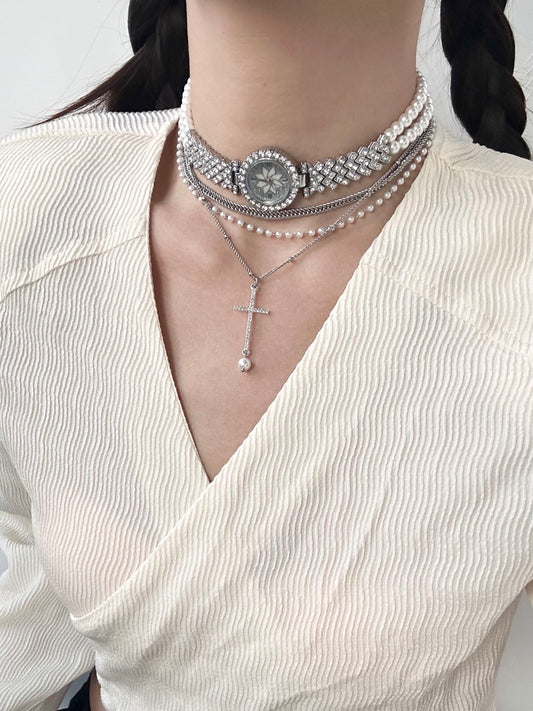 Pearl Rhinestone Watch Layered Choker
