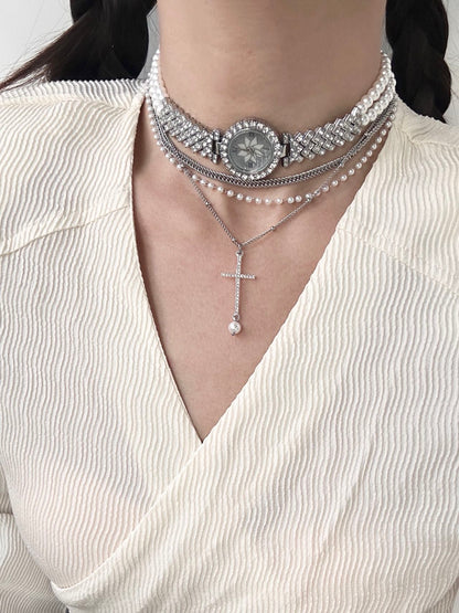 Pearl Rhinestone Watch Layered Choker