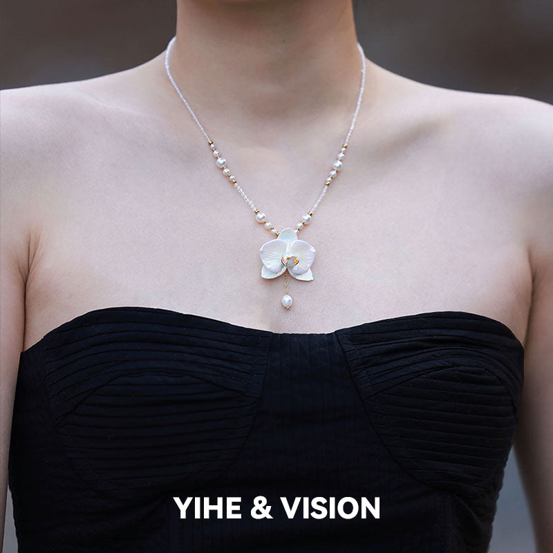 Moth Orchid Pearl Ceramic Necklace