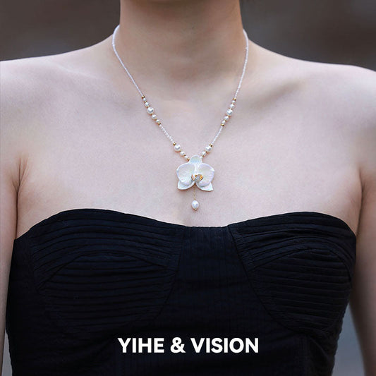 Moth Orchid Pearl Ceramic Necklace