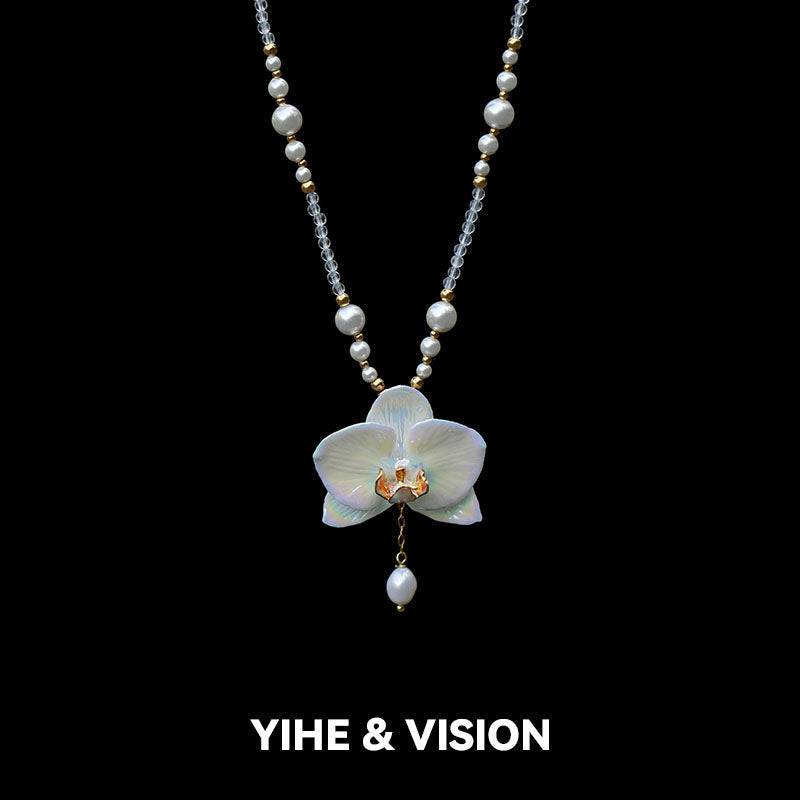 Moth Orchid Pearl Ceramic Necklace