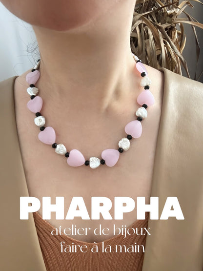 Pharpha Pink Glass Heart Baroque Pearl Necklace