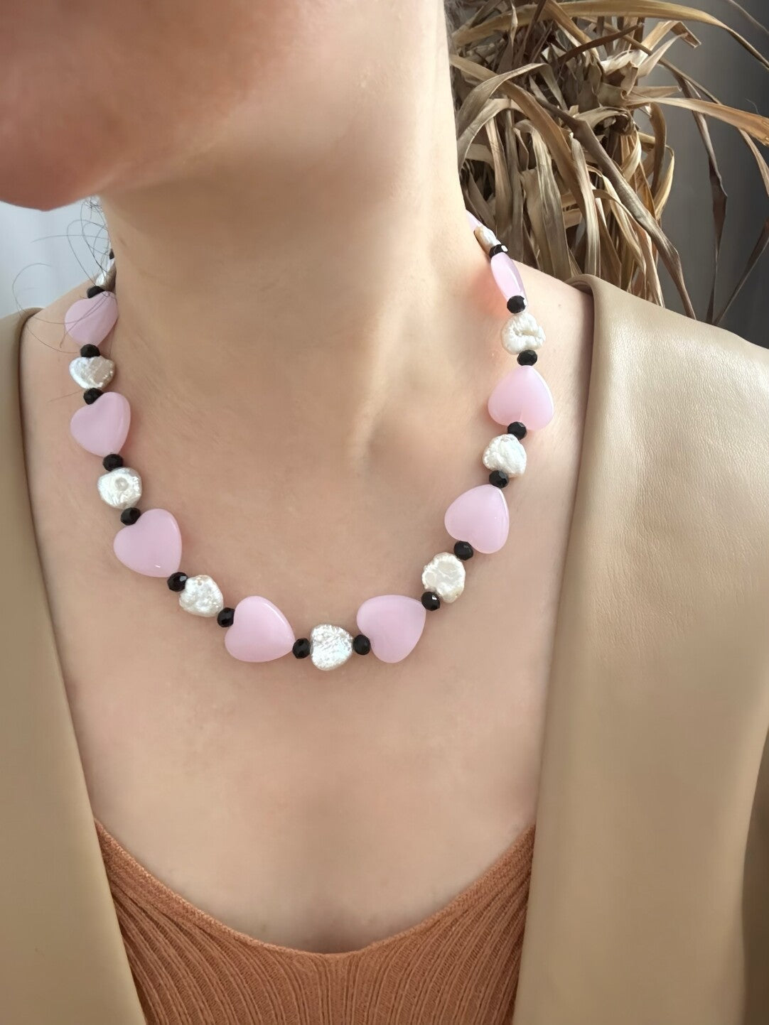 Pharpha Pink Glass Heart Baroque Pearl Necklace