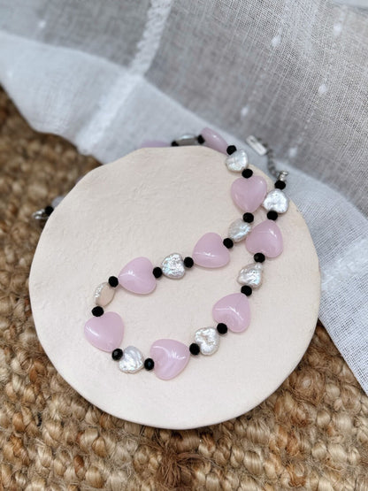 Pharpha Pink Glass Heart Baroque Pearl Necklace