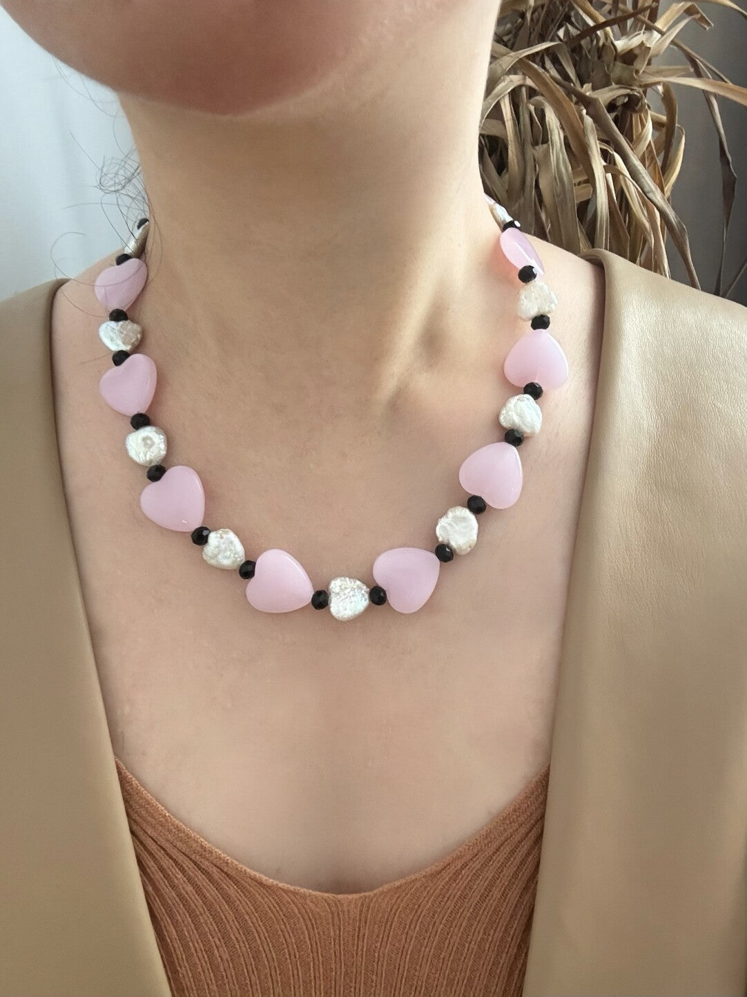 Pharpha Pink Glass Heart Baroque Pearl Necklace