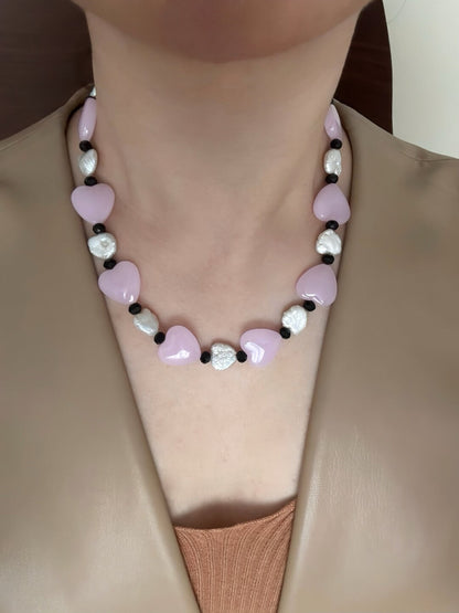 Pharpha Pink Glass Heart Baroque Pearl Necklace