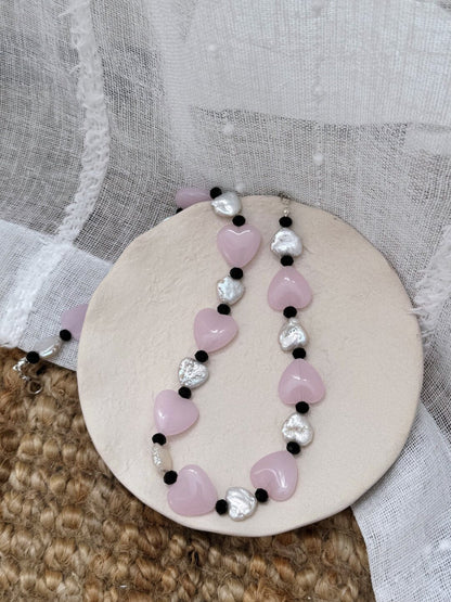 Pharpha Pink Glass Heart Baroque Pearl Necklace