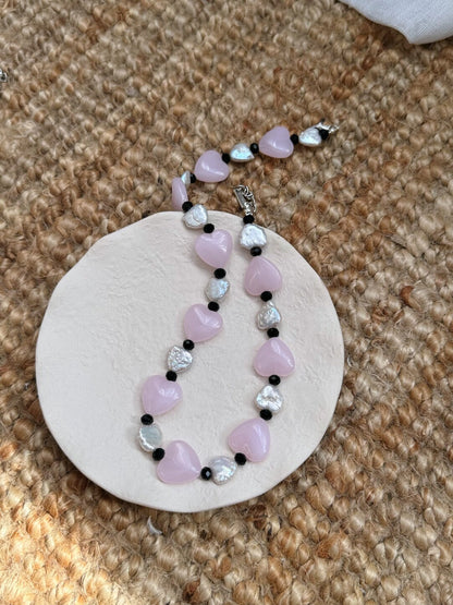 Pharpha Pink Glass Heart Baroque Pearl Necklace