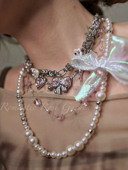 Pink Ballet Bow Pearl Choker