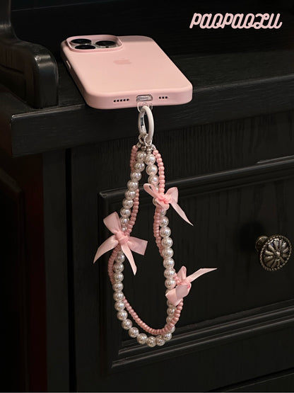 Pink Ballet Pearl Beaded Bow Phone Charm