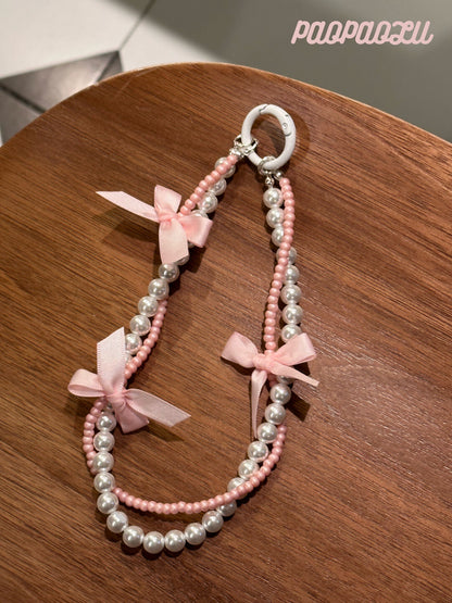 Pink Ballet Pearl Beaded Bow Phone Charm