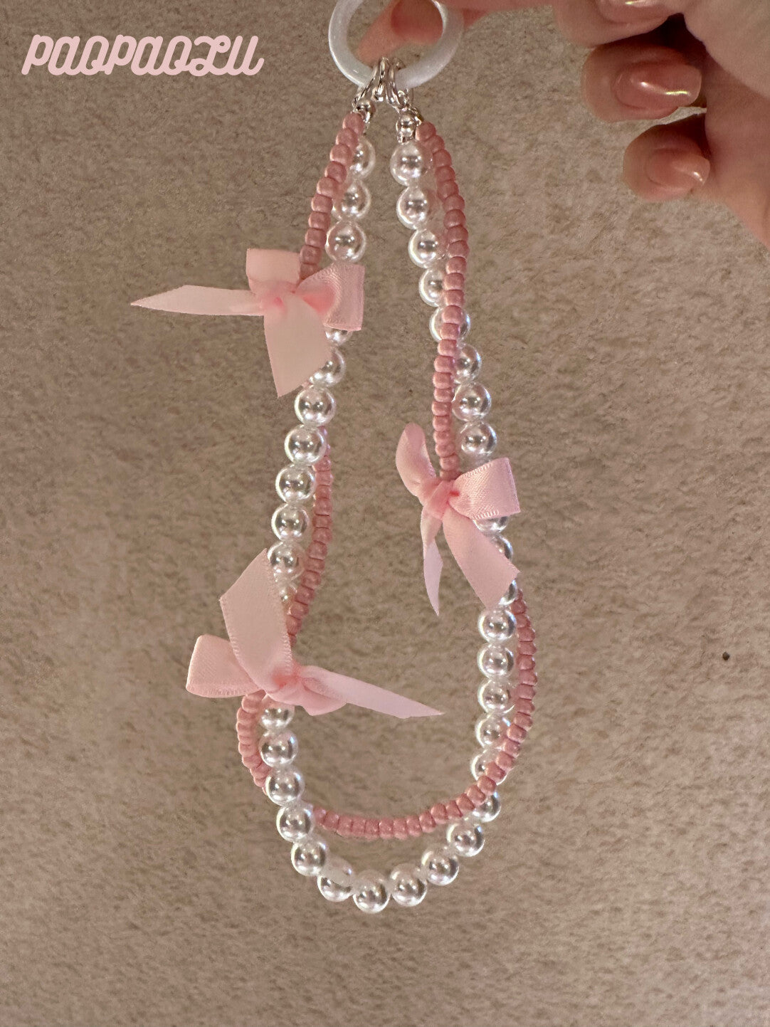 Pink Ballet Pearl Beaded Bow Phone Charm