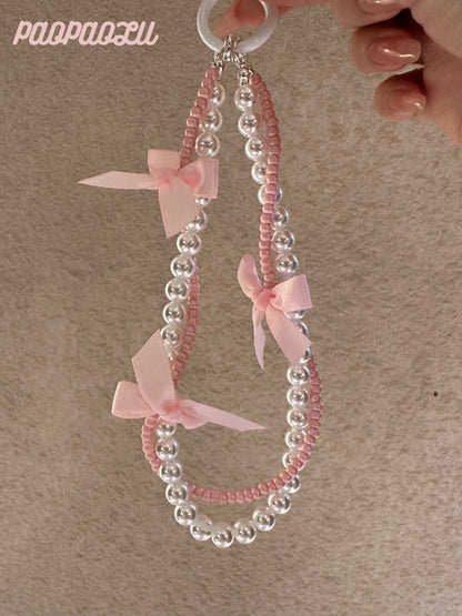 Pink Ballet Pearl Beaded Bow Phone Charm