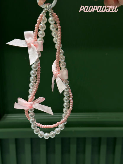 Pink Ballet Pearl Beaded Bow Phone Charm