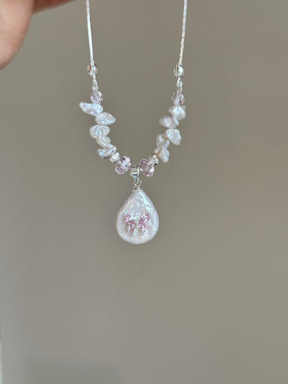 Pink Baroque Pearl Silver Beaded Necklace