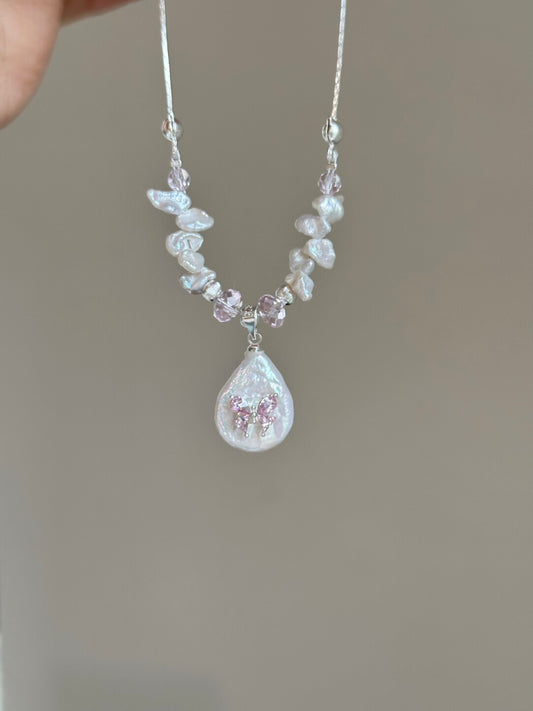 Pink Baroque Pearl Silver Beaded Necklace